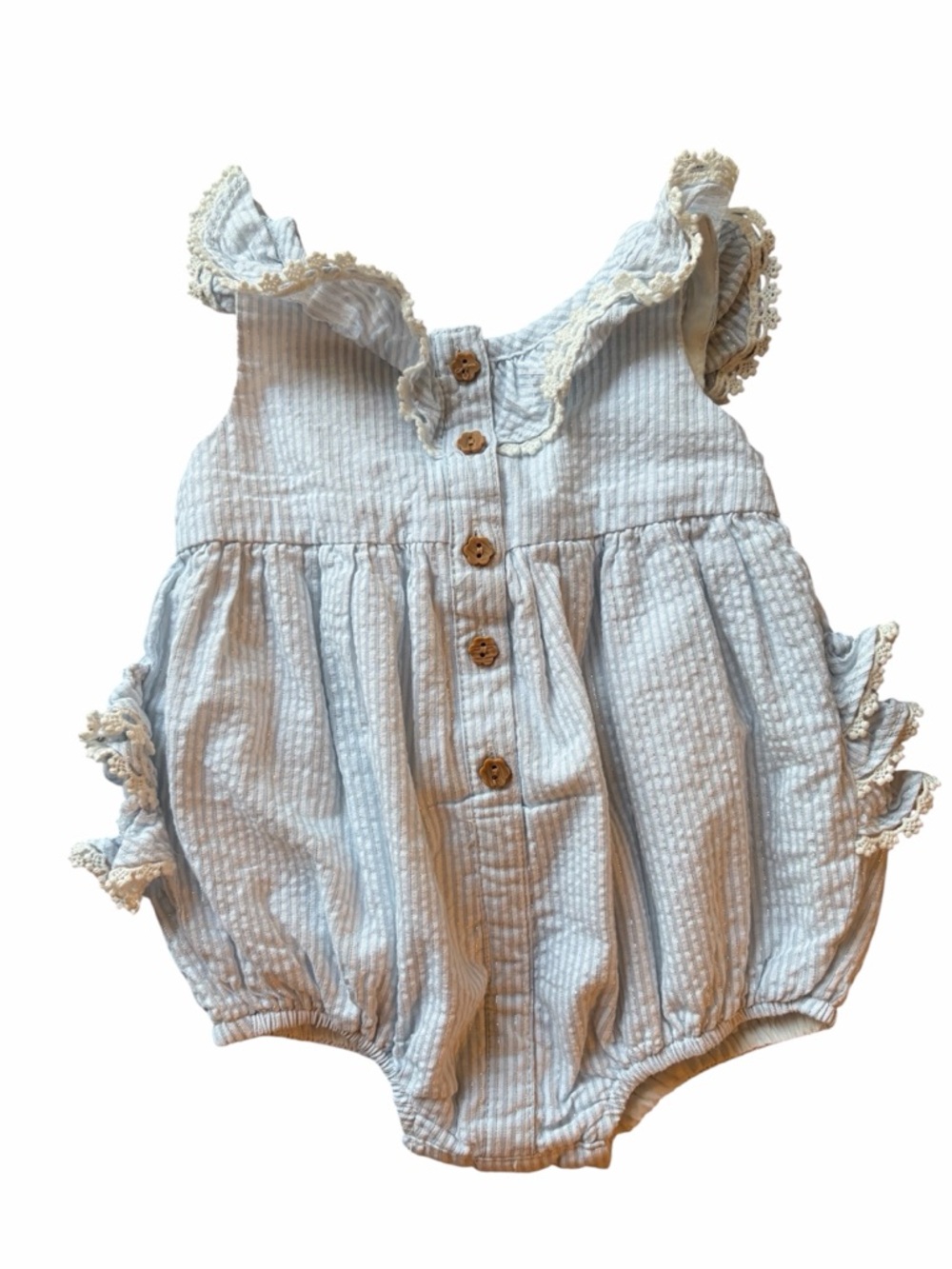 Tommy Bahama Light Blue Ruffle Baby Romper with Wooden Buttons 3-6M